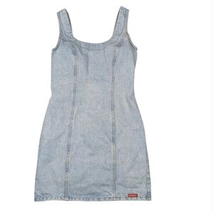 Vintage 90s Bongo cotton denim Princess seam, sleeveless mini dress. Size  7